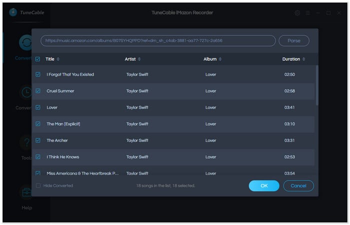 settings of tunecable amazon music recorder