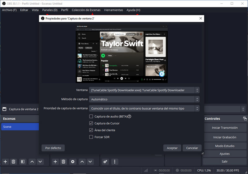 elegir spotify exe en obs