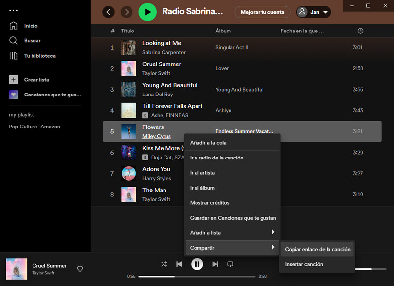 obtener enlace para compartir música de Spotify