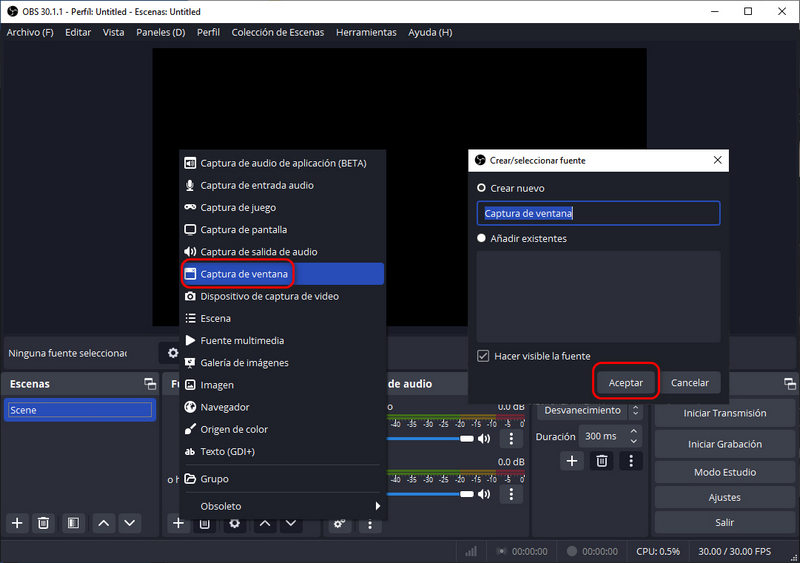 seleccionar captura de ventana en obs
