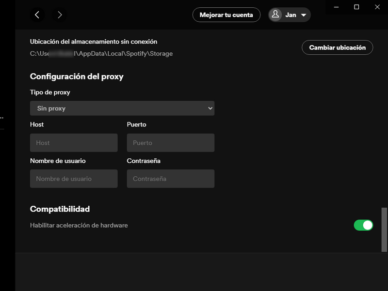 cerrar aceleración de hardware de Spotify