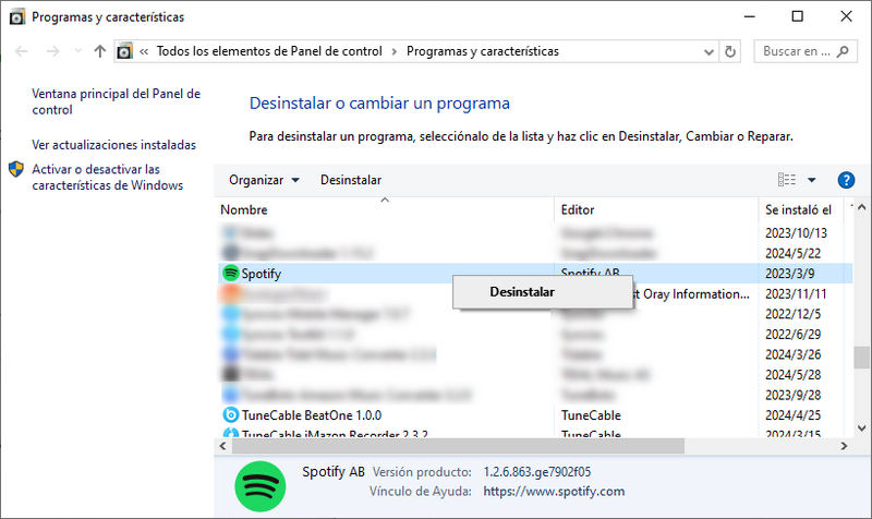 eliminar la aplicación Spotify de computadora con Windows