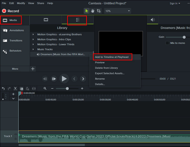 import world cup music to camtasia video project
