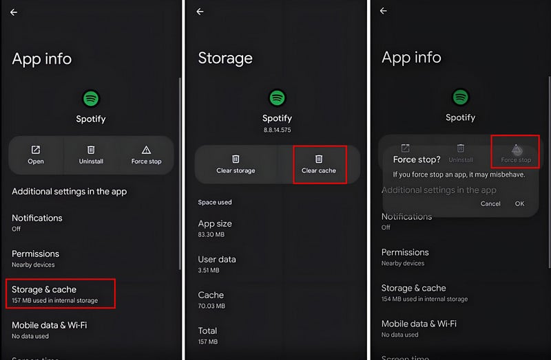 clear Spotify cache and force stop Spotify