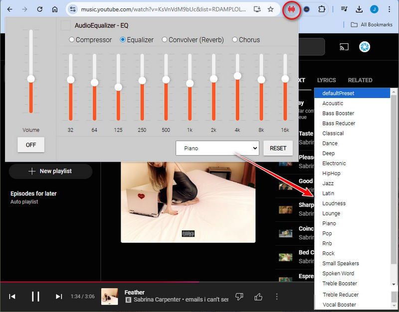 enable youtube music equalizer on web