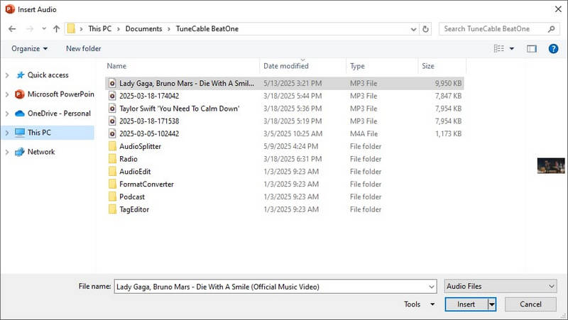 choose imported audio on ppt