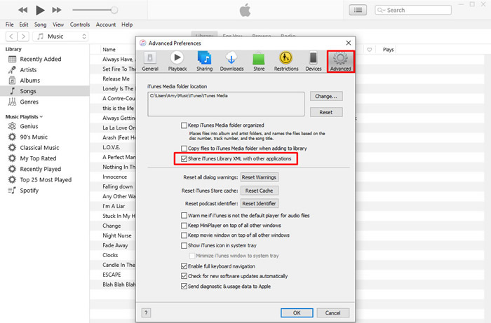 share itunes library xml with other applications settings