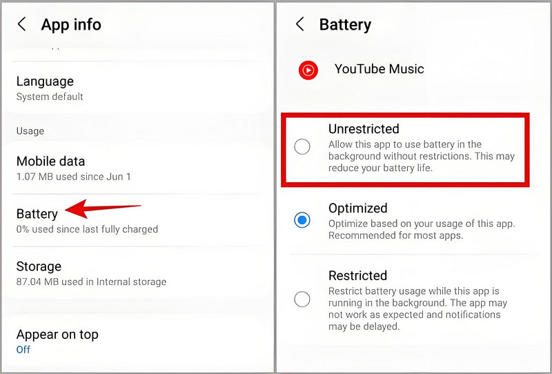 Enable Unrestricted Battery Usage on YouTube Music