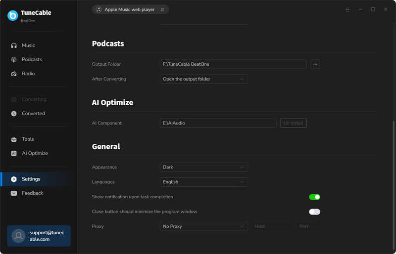 podcasts output settings