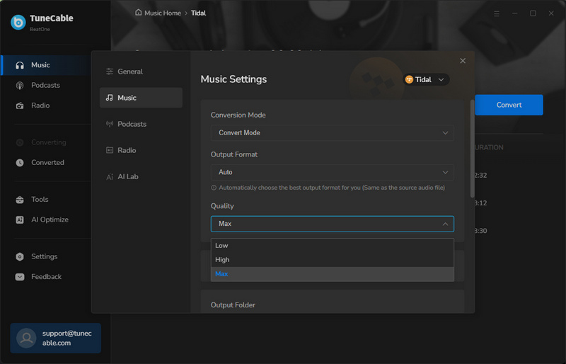 youtube music covnert settings
