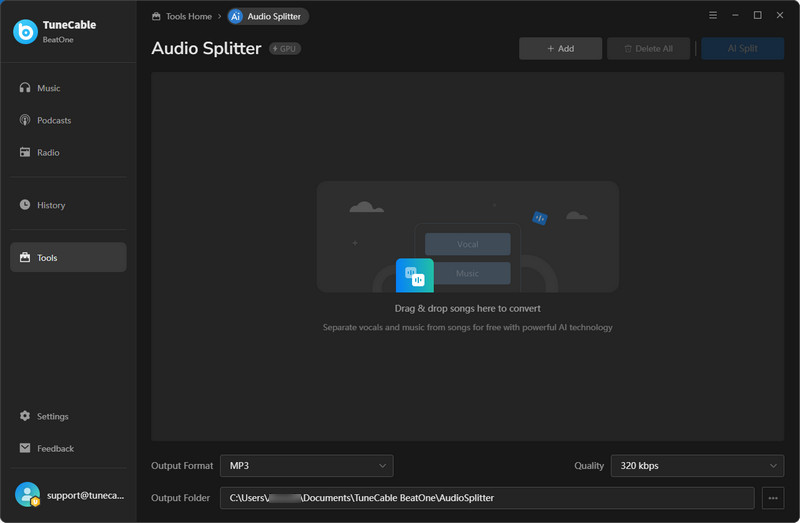 tunecable ai audio splitter main interface