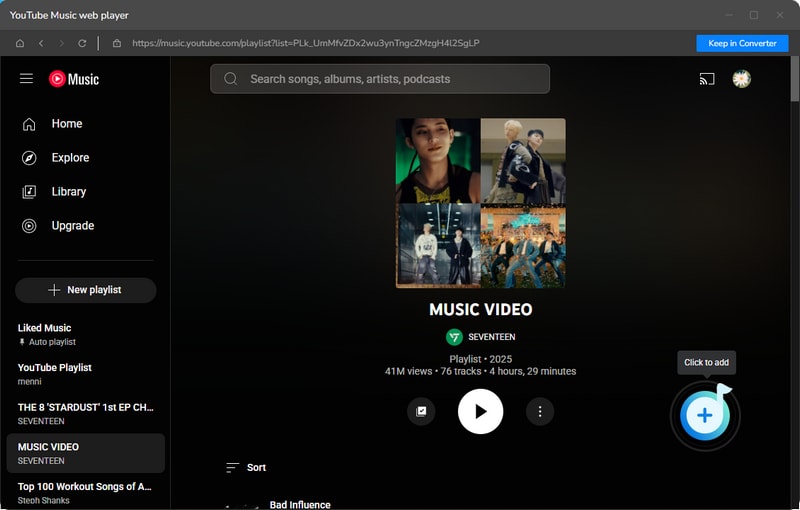 click to add youtube music playlist