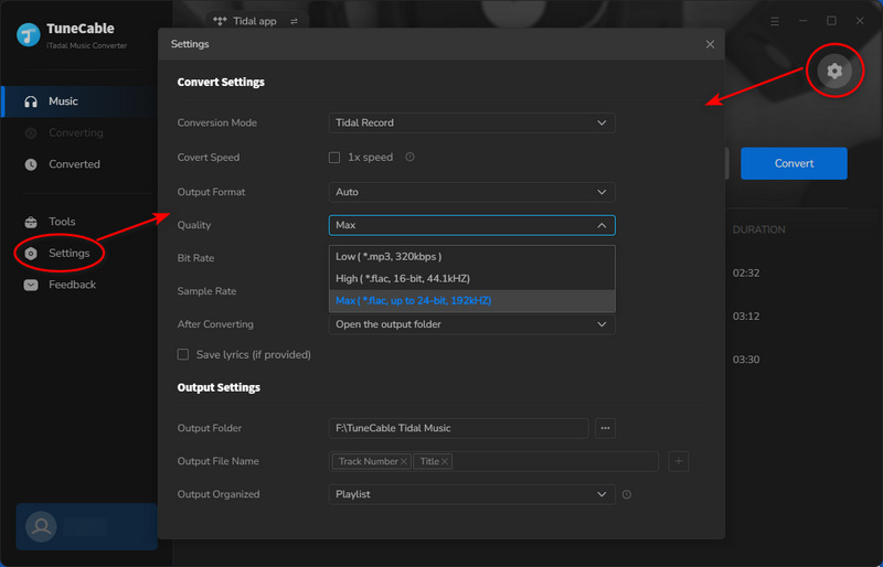 tidal music covnert settings