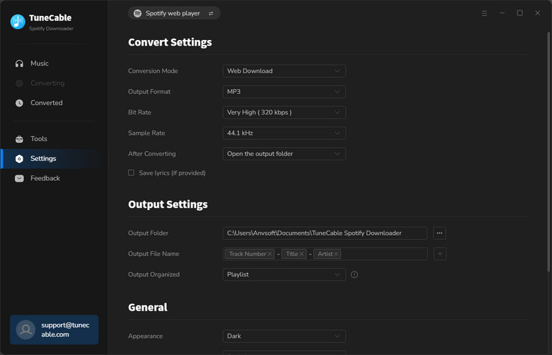 settings panel